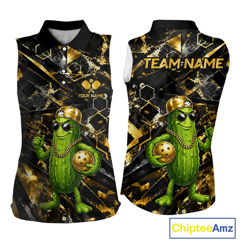 Custom Gold & Black Retro Women's Pickleball Sleeveless Polo, Personalized Vintage Paddle Sports Polo, Classic Athletic Apparel, Retro Tournament Uniform