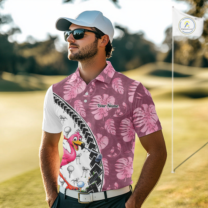 Golfing Flamingo Mens Golf Polo Shirt Custom Pink Pattern Monstera Golf Ball Clothes Shirts NYN2910