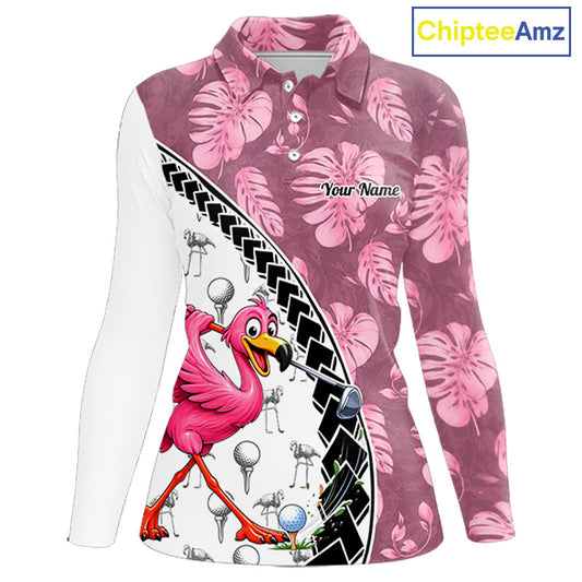 Golfing Flamingo Womens Golf Polo Shirt Custom Pink Pattern Monstera Golf Ball Clothes Shirts NYN2910