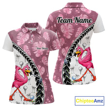 Load image into Gallery viewer, Golfing Flamingo Womens Golf Polo Shirt Custom Pink Pattern Monstera Golf Ball Clothes Shirts NYN2910