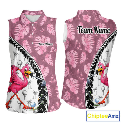 Golfing Flamingo Womens Sleeveless Golf Polo Shirt Custom Pink Pattern Monstera Golf Clothes Shirts NYN2910