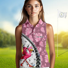 Load image into Gallery viewer, Golfing Flamingo Womens Sleeveless Golf Polo Shirt Custom Pink Pattern Monstera Golf Clothes Shirts NYN2910