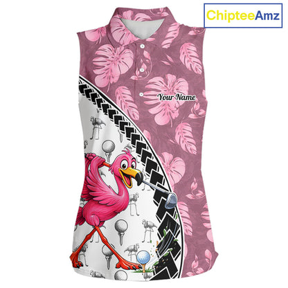 Golfing Flamingo Womens Sleeveless Golf Polo Shirt Custom Pink Pattern Monstera Golf Clothes Shirts NYN2910