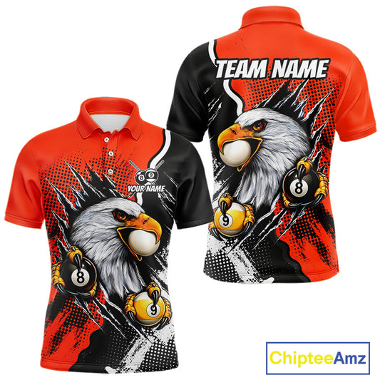 Black and orange claw 8 ball and 9 ball billiard polo shirt for men