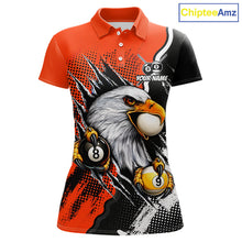 Load image into Gallery viewer, Black and orange claw 8 ball and 9 ball billiard polo shirt for women
