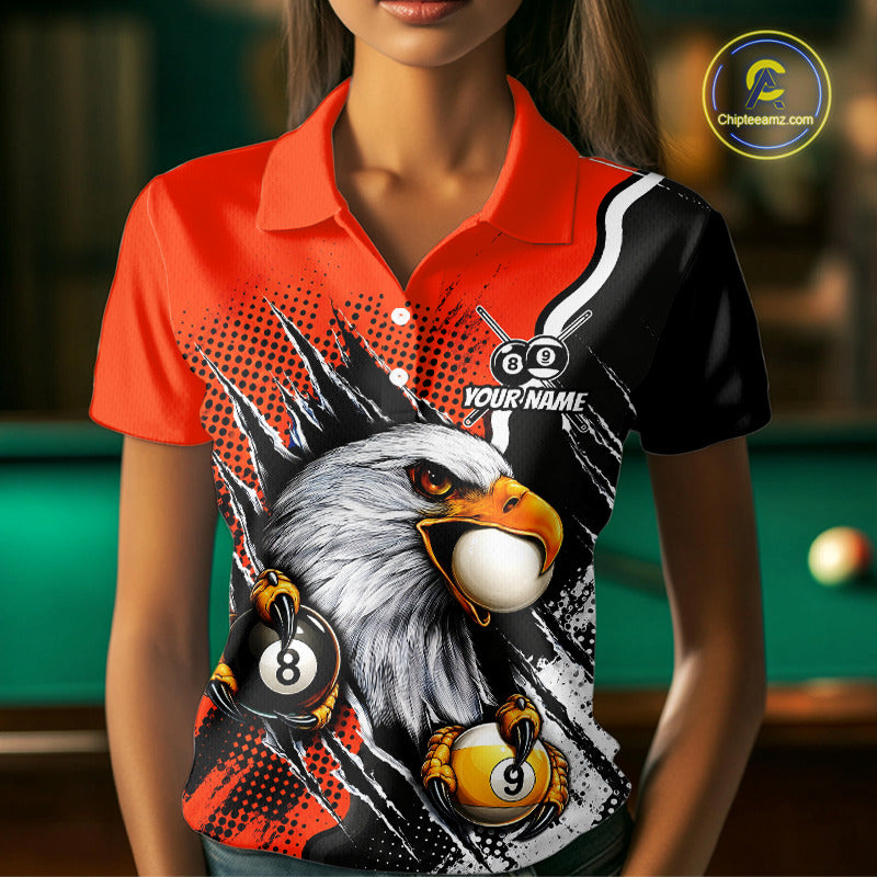Black And Orange Claws 8 Ball & 9 Ball Women Polo Shirts Custom Eagle Billiard Team Apparel NYN3296