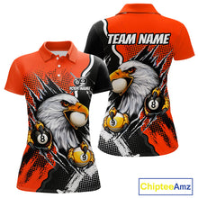 Load image into Gallery viewer, Black and orange claw 8 ball and 9 ball billiard polo shirt for women