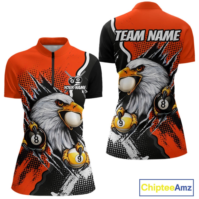 Black and orange claw 8 ball and 9 ball billiard quarter-zip shirt for women