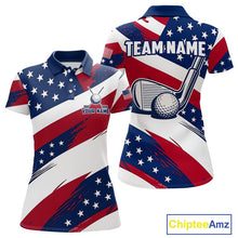 Load image into Gallery viewer, Women's US Flag golf polo shirt, patriotic red white and blue golf apparel, custom golf team shirt, golf tournament polo, personalized golf clothing, golf gift for women