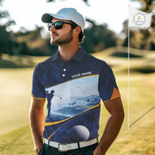 Load image into Gallery viewer, Male golfer wearing tropical palm trees golf polo shirt, ocean golf apparel, summer golf outfit, personalized golf clothing