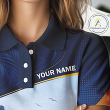 Load image into Gallery viewer, Female golfer wearing tropical palm trees golf polo shirt, ocean golf apparel, summer golf outfit, personalized golf clothing