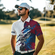 Load image into Gallery viewer, Male golfer wearing red blue splatter skull golf polo shirt, custom skull golf apparel, men's golf outfit