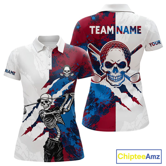 Women's red and blue splatter skull golf polo shirt, skull golf apparel, custom golf team shirt, funny golf clothing, tournament golf polo