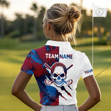 Load image into Gallery viewer, Female golfer wearing red blue splatter skull golf polo shirt, custom skull golf apparel, women's golf outfit