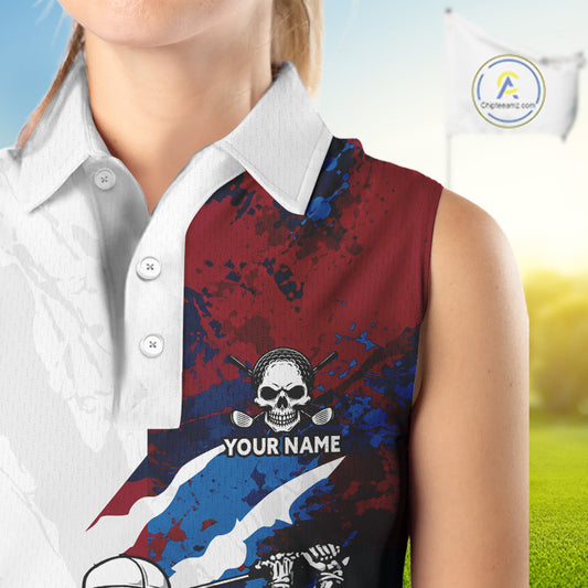 Female golfer wearing red blue splatter skull golf polo shirt, custom skull golf apparel, women's golf outfit