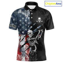 Load image into Gallery viewer, Men's smoke US flag skull golf polo shirt, patriotic golf apparel, American flag golf shirt, skull golf clothing, golf team uniform
