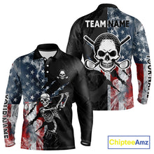 Load image into Gallery viewer, Men's smoke US flag skull golf long sleeveless polo shirt, patriotic golf apparel, American flag golf shirt, skull golf clothing, golf team uniform