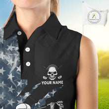 Load image into Gallery viewer, Female golfer wearing smoke US flag skull golf polo shirt, patriotic golf outfit, custom golf apparel