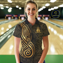 Load image into Gallery viewer, Black And Gold Crown Bowling Ball Polo &amp; 1/4-Zip Shirts For Women Custom Tribal Bowling Team Jerseys NYN3124