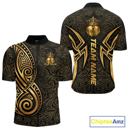 Black And Gold Crown Bowling Ball Polo & 1/4-Zip Shirts For Men Custom Tribal Bowling Team Jerseys NYN3124
