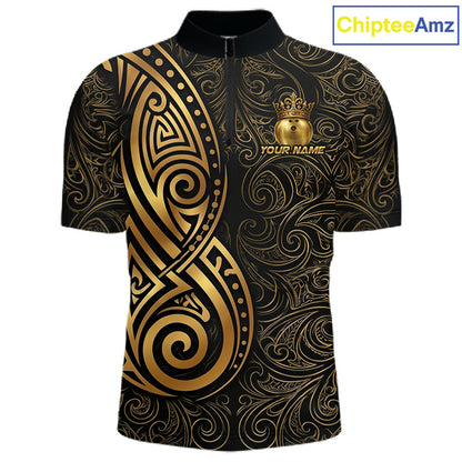 Black And Gold Crown Bowling Ball Polo & 1/4-Zip Shirts For Men Custom Tribal Bowling Team Jerseys NYN3124