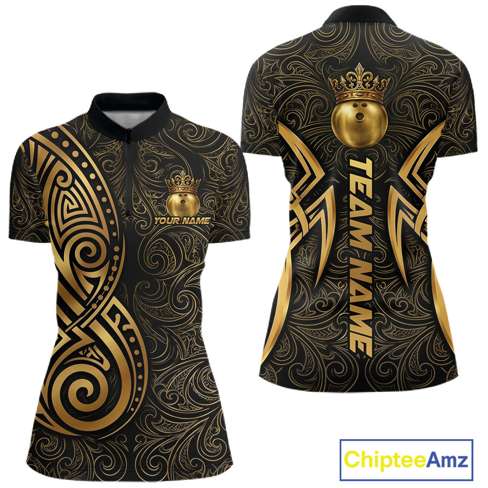 Black And Gold Crown Bowling Ball Polo & 1/4-Zip Shirts For Women Custom Tribal Bowling Team Jerseys NYN3124