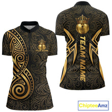 Load image into Gallery viewer, Black And Gold Crown Bowling Ball Polo &amp; 1/4-Zip Shirts For Women Custom Tribal Bowling Team Jerseys NYN3124