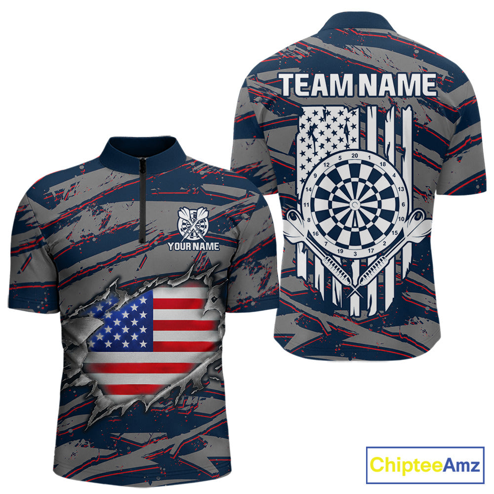 Blue and Red American Flag men's quarter-zip darts shirt, patriotic dart team jersey, custom USA flag dart apparel, performance darts uniform