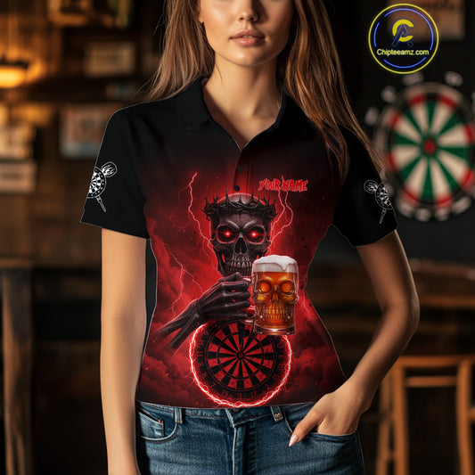 Custom Funny Skull And Beer Lightning Red Dartboard Dart Women Polo Jerseys Dart Team Shirts NYN1755