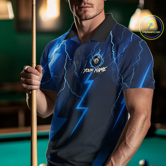 Thunder Lightning Billiard Ball Shirt For Men Custom Blue Flames 8 Ball Billiard Pool Jersey NYN3133