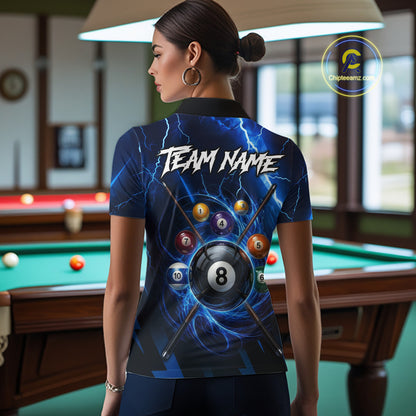Thunder Lightning Billiard Ball Shirt For Women Custom Blue Flames 8 Ball Billiard Pool Jersey NYN3133