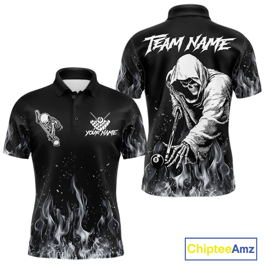 Grey Skeleton Play Pool Billiard Shirt For Men Custom Fire Flame Billiard Jersey, Billiards Gifts NYN3139