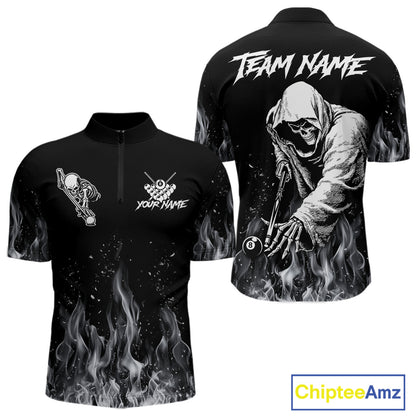 Grey Skeleton Play Pool Billiard Shirt For Men Custom Fire Flame Billiard Jersey, Billiards Gifts NYN3139