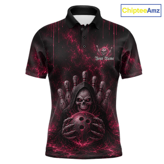 Custom Pink Thunder Grim Reaper Men's Bowling Polo Shirt, Personalized Skull Bowling Tournament Jersey, Athletic League Apparel