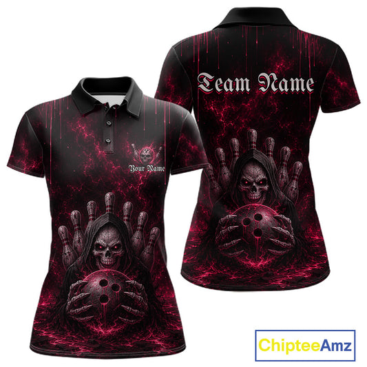 Custom Pink Thunder Grim Reaper Women's Bowling Polo Shirt, Personalized Skull Bowling Team Jersey, Lightning Performance Apparel, Pink Gothic Bowling League Uniform