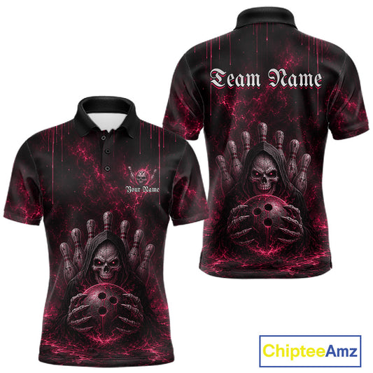 Custom Pink Thunder Grim Reaper Men's Bowling Polo Shirt, Personalized Skull Bowling Tournament Jersey, Athletic League Apparel