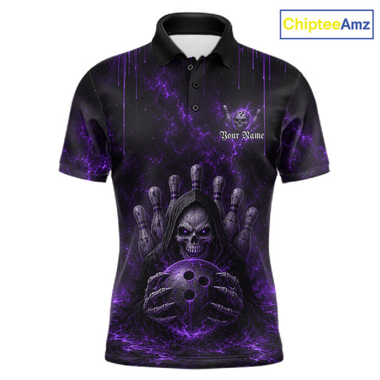 Custom Purple Thunder Grim Reaper Men's Bowling Polo Shirt, Personalized Bowling League Jersey, Purple Skull Athletic Apparel