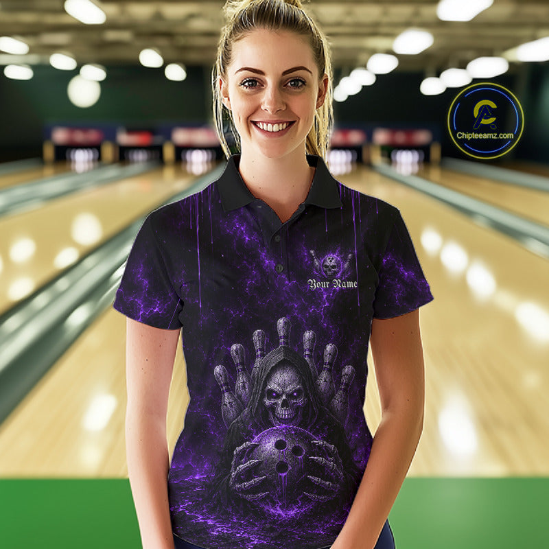 Female model wearing Purple Thunder Grim Reaper bowling polo, personalized league apparel, gothic fashion, confidence, bowling lifestyle