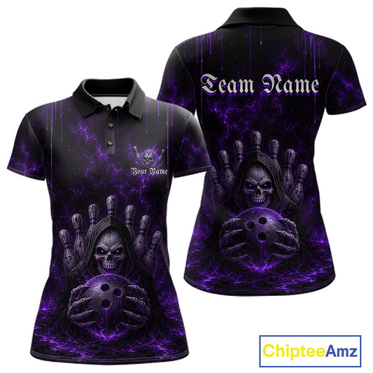Custom Purple Thunder Grim Reaper Women's Bowling Polo Shirt, Personalized Skull Bowling Jersey, Purple Lightning Tournament Apparel, Gothic Performance Polo, League Team Uniform