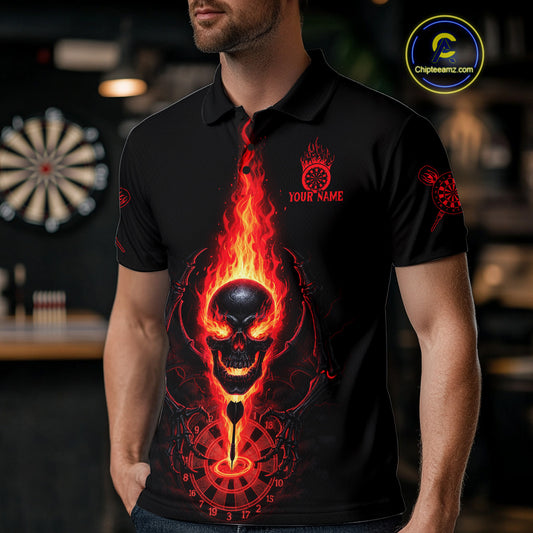 Skeleton Fire Flame Dartboard Custom Mens Polo Dart Shirt Red Skull Dart Jerseys NYN1769