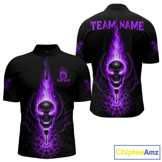 Skeleton Fire Flame Dartboard Custom Mens Quarter-Zip Dart Shirt Purple Skull Dart Jerseys NYN1770