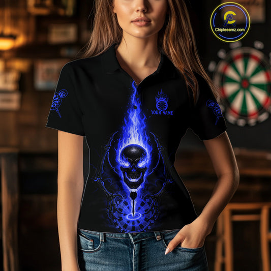Skeleton Fire Flame Dartboard Custom Women Polo Dart Shirt Blue Skull Dart Jerseys NYN1771