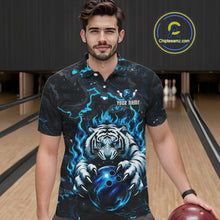 Load image into Gallery viewer, Male bowler wearing Black and Blue Flame Tiger bowling ball jersey, custom bowling league team shirt