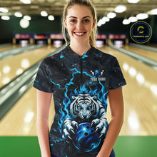 Load image into Gallery viewer, Female bowler wearing Black and Blue Flame Tiger bowling ball jersey, custom bowling league team shirt