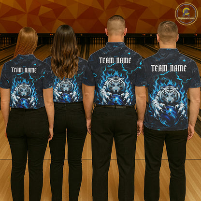 Men women bowling team wearing Black and Blue Flame Tiger custom bowling jerseys, matching bowling league uniforms