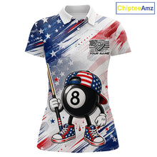 Load image into Gallery viewer, Personalized Grunge US Flag Funny 8 Ball women's billiard polo shirt custom patriotic pool team jersey