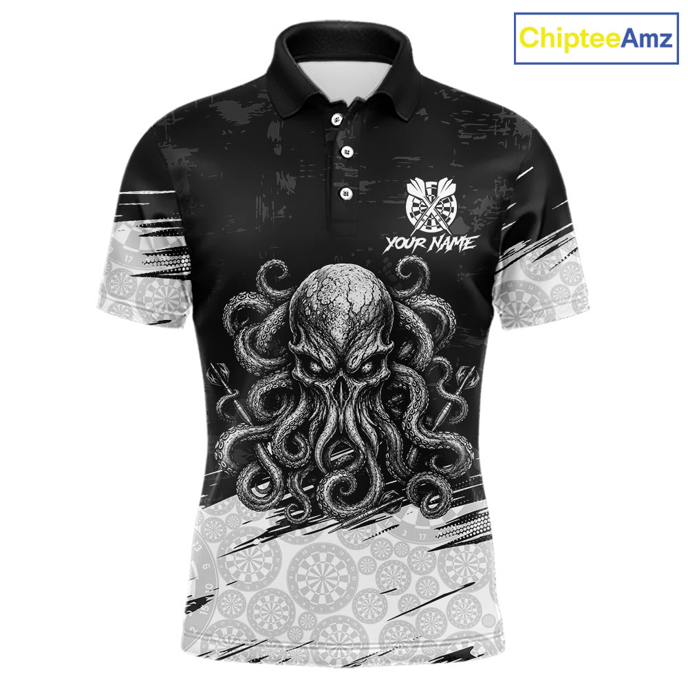 White Black Octopus Dartboard Men's Dart Polo Shirt, Personalized Octopus League Jersey, Athletic Apparel