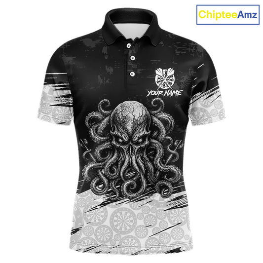 White Black Octopus Dartboard Men's Dart Polo Shirt, Personalized Octopus League Jersey, Athletic Apparel