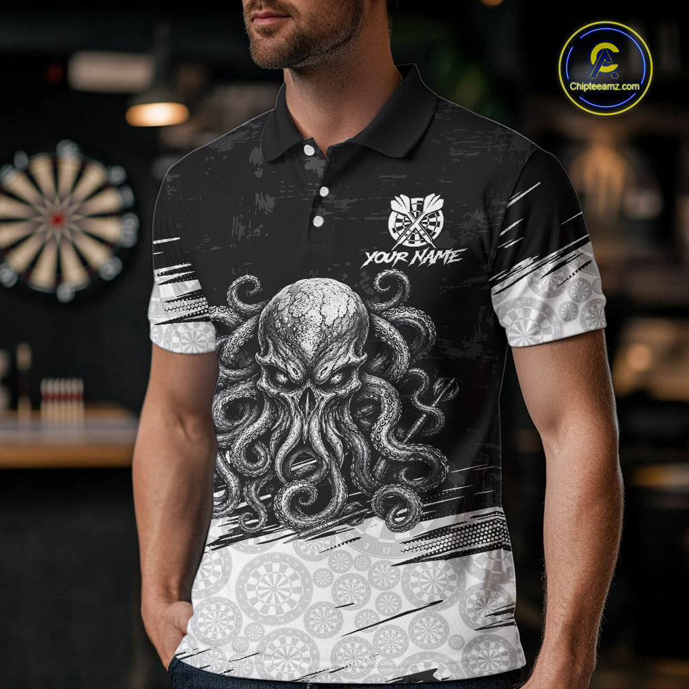 Male model wearing White Black Octopus dart polo during league tournament, marine themed athletic jersey