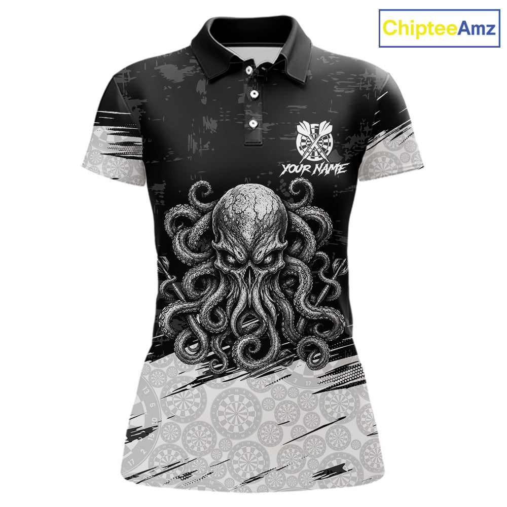White Black Octopus Dartboard Women's Dart Polo Shirt, Personalized Funny Octopus Dart Team Jersey, Marine Theme Performance Polo